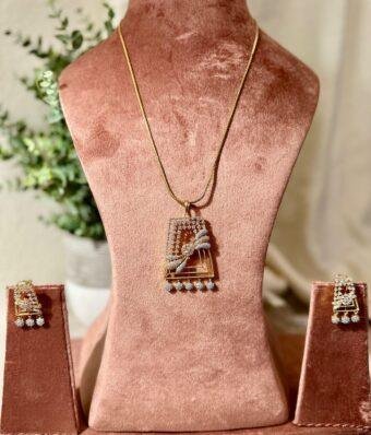 Rectangle Gold Pendant Set with Floral Diamond Accents ? Necklace & Earrings Desi Set Unique Pendant Set, Indian pendant set, Gold chain