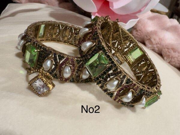 Bollywood Ethnic  openable bangle/kada  set fit 2.4 2.6.Antique Gold finish Mother of pearl Cz stones Designer staatment piece.