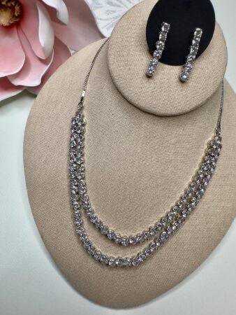 Double layer solitaire cubic zarconia ad  silver plated finish necklace set