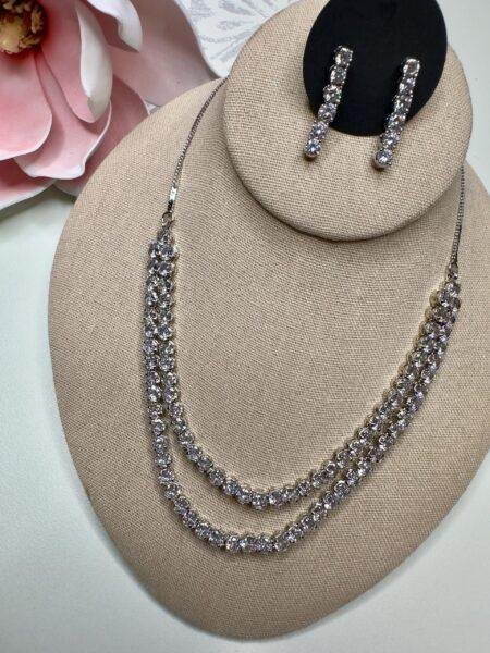 Double layer solitaire cubic zarconia ad  silver plated finish necklace set