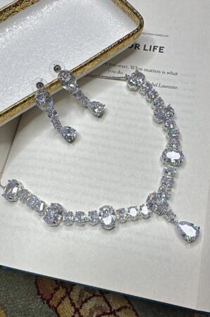 Wedding bridal  solitaire cubic zarconia ad  silver plated finish necklace set