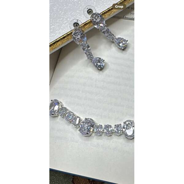 Wedding bridal  solitaire cubic zarconia ad  silver plated finish necklace set - Image 3