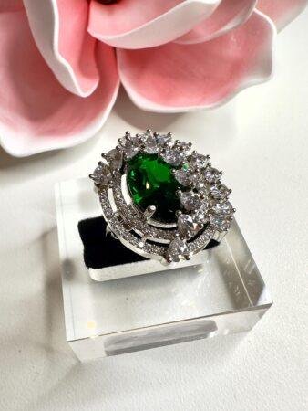 Maha rani silver plated cubic zarconia  bold ring green emerald stone