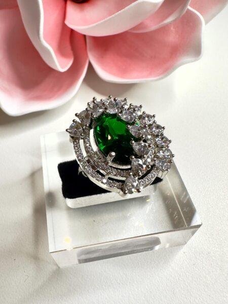 Maha rani silver plated cubic zarconia  bold ring green emerald stone