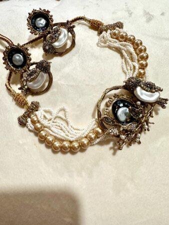 Bollywood ethnic Indian designer bird choker set antique gold finish set with mother of pearls