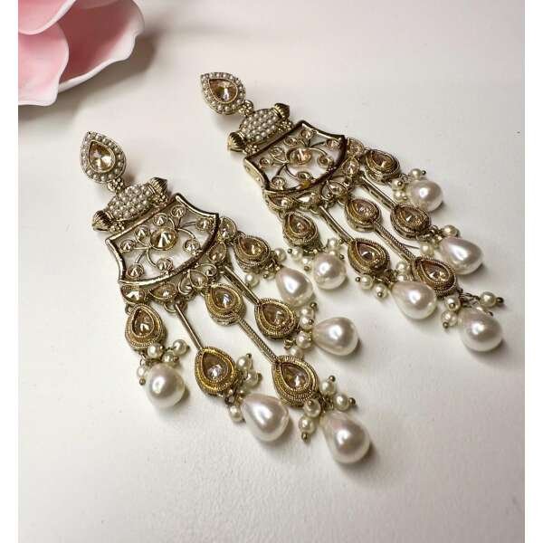 Bollywood Indian Designer Earrings  in pearl champange color - Image 2