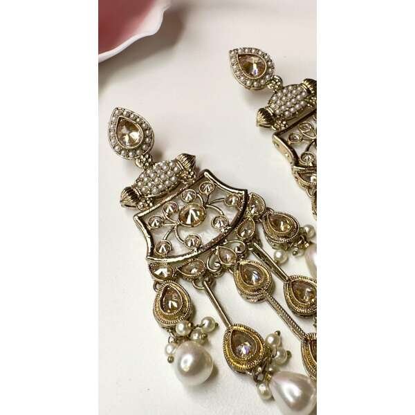 Bollywood Indian Designer Earrings  in pearl champange color - Image 3