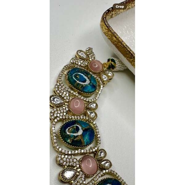 Bollywood ethnic Indian golden  a finish  marble stone with ad /kundan stone, designer blue color with pink accent stones - Image 2