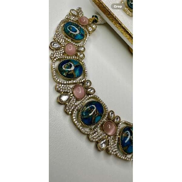 Bollywood ethnic Indian golden  a finish  marble stone with ad /kundan stone, designer blue color with pink accent stones - Image 4