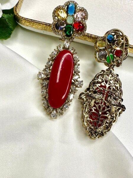 Red Oval Stone Flower Earrings with Multicolor Gemstones - Gold Tone Dangle Earrings