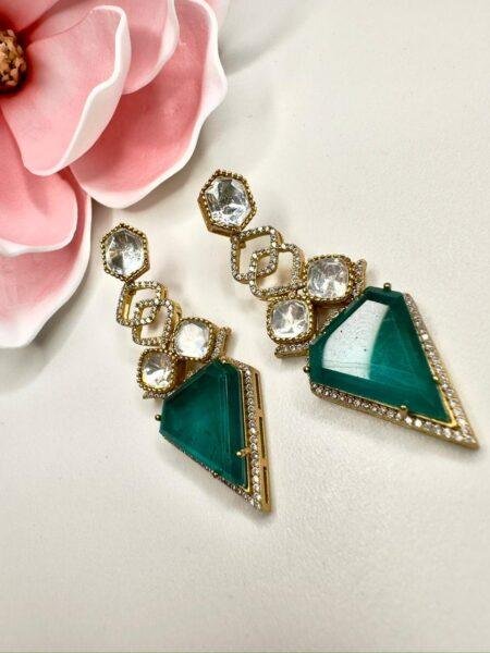 Emerald Green Triangle Earrings - Polished Kundan Earrings - Emerald Drop Earrings - Statement Earrings - Gold Tone Metal Jewelry