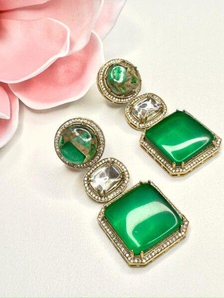 Emerald Green Kundan Earrings with Gold Tone Setting - Indian Traditional Jewelry
