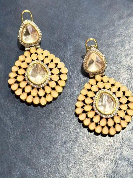 Traditional Indian Kundan Earrings - Gold Tone Polki Chandbali Earrings with White Stones