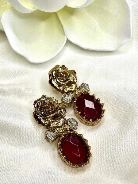 Elegant Gold-Toned Red Stone Rose Earrings - Luxurious Dangle Earrings for Women