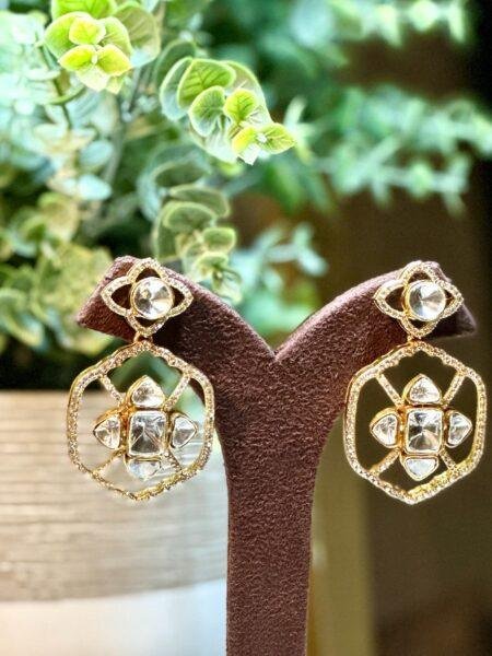 Bollywood Indian Designer monzonite medium length statement earrings gold finish,Victorian,Ad stones