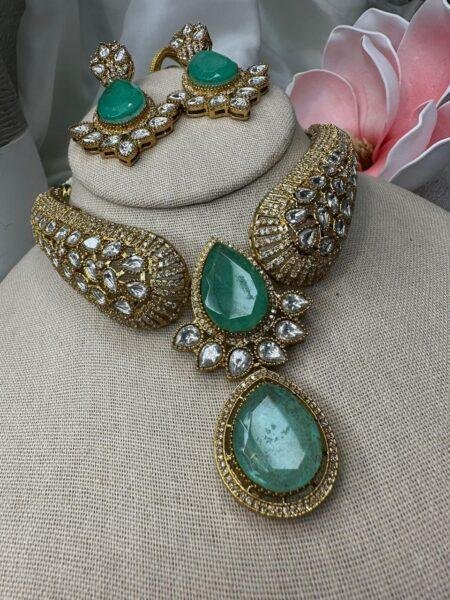 Mint and polki Kundan Necklace Set - Traditional Indian Jewelry