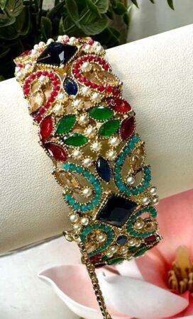 Exquisite Gold-Toned Kundan Cuff Bangle with Multicolor Stones & Pearls - Indian Traditional Jewelry