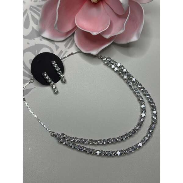 Double layer solitaire cubic zarconia ad  silver plated finish necklace set - Image 2