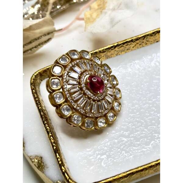 Maha Rani Gold plated antique finish kundan bold ring - Image 6