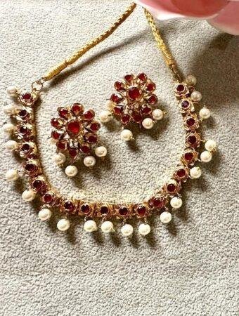 Bollywood indian pearl kundan necklace set choice of pearl or ruby color