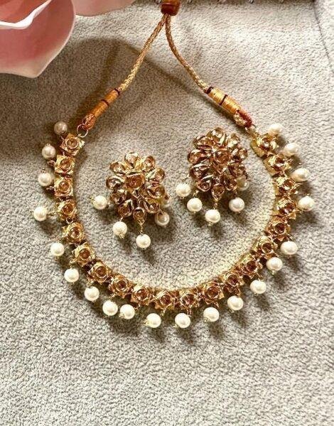 Bollywood indian pearl kundan necklace set choice of pearl or ruby color - Image 2