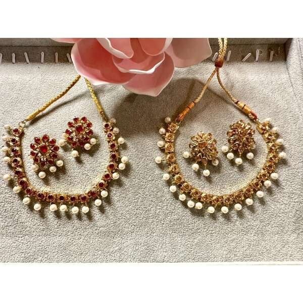 Bollywood indian pearl kundan necklace set choice of pearl or ruby color - Image 3