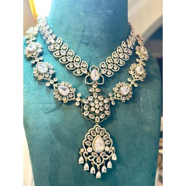 Bollywood ethnic Indian golden  antique finish set double layer style  with ad /kundan stone, designer - Image 2