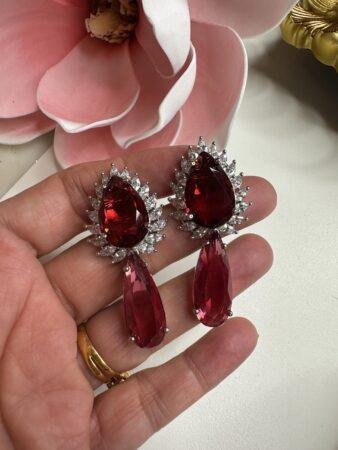 Bollywood Indian Designer Earrings fire Ruby  red stone with ad cubic zarconia  silver  plated,Victorian