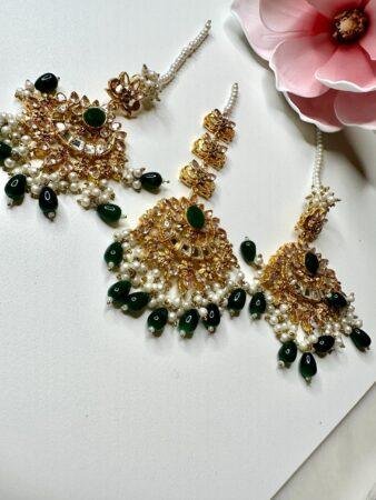 Bollywood Indian Designer Earrings  and  tikka set emerald green color gold plated