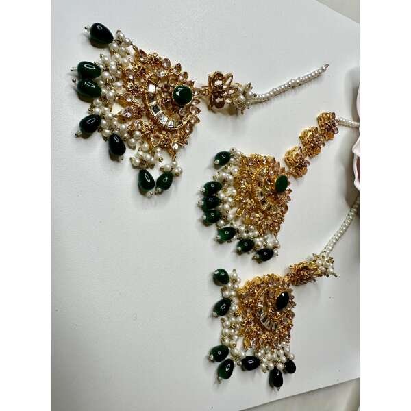 Bollywood Indian Designer Earrings  and  tikka set emerald green color gold plated - Image 2