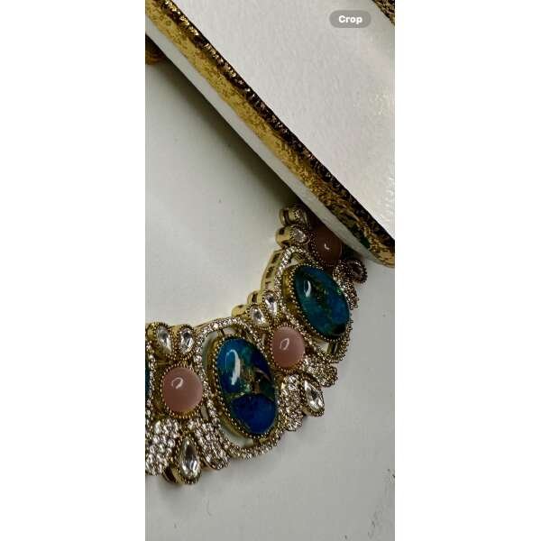 Bollywood ethnic Indian golden  a finish  marble stone with ad /kundan stone, designer blue color with pink accent stones - Image 3