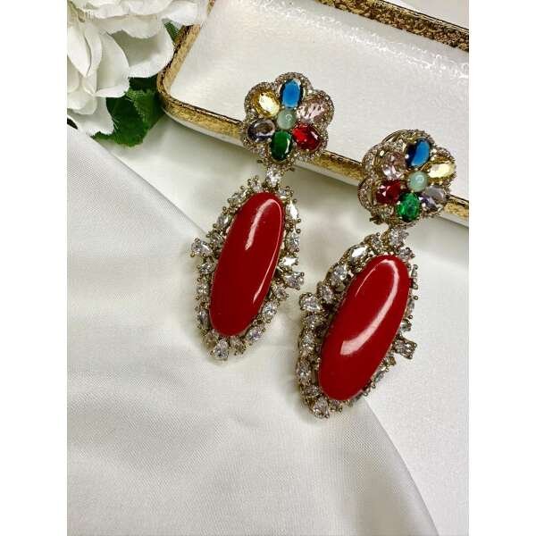 Red Oval Stone Flower Earrings with Multicolor Gemstones - Gold Tone Dangle Earrings - Image 2