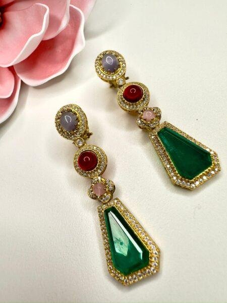 Emerald Green Teardrop Earrings with Red and Pink Accents - Gold Tone Kundan Stone Dangle Earrings