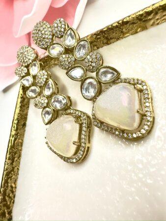 Elegant Gold-Toned Polki Kundan Earrings with White Opal Stones - Traditional Indian Jewelry