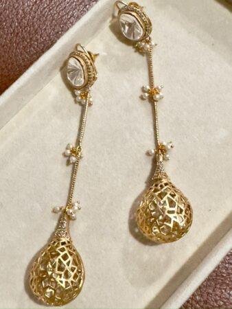 Gold plated designer Indian Dangling Earrings with Crystal Stones and Pearl Accents
