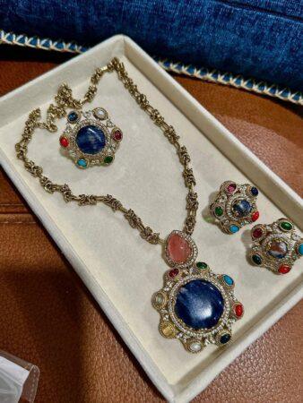 Elegant Pakistani Multani Naqshi Set - Gold-Toned Necklace, Earrings, and Ring with Multicolored Stones
