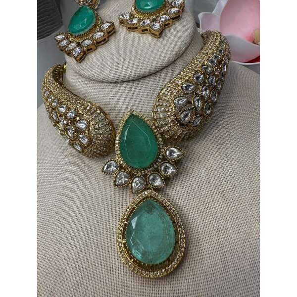 Mint and polki Kundan Necklace Set - Traditional Indian Jewelry - Image 2
