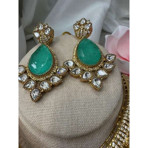 Mint and polki Kundan Necklace Set - Traditional Indian Jewelry - Image 3