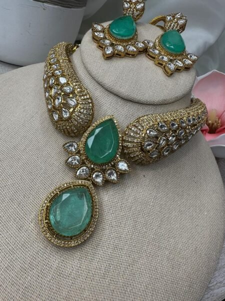 Mint and polki Kundan Necklace Set - Traditional Indian Jewelry - Image 5