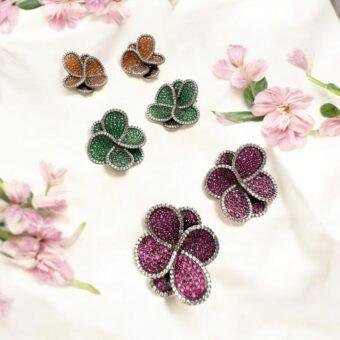 Luxurious Four-Leaf Clover Earrings - Orange, Green, and Pink Rhinestone Studs with Silver-Toned Setting