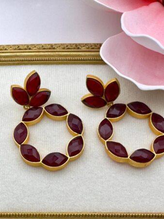 Luxurious Red Ruby Flower Drop Earrings - Gold Tone Dangle Jewelry for Women, Elegant Statement Earrings