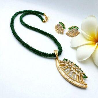 Luxury Emerald Green Beaded Necklace with Gold Pendant and Earrings Set - Traditional Pakistani Jewelry