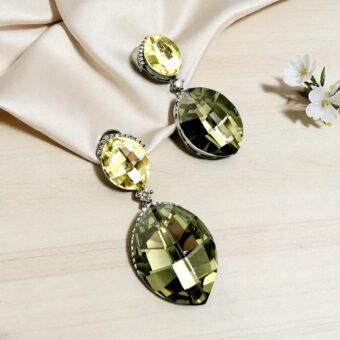 Elegant Green Crystal Drop Earrings with Silver Accents - Statement Jewelry for Women