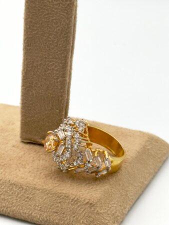 Bollywood Style Gold Diamond Ring with Peach Gemstone - Luxurious Jewelry for Women