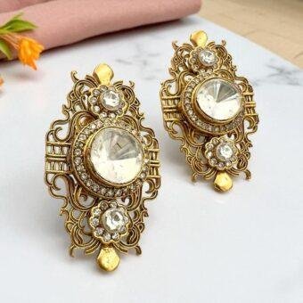 Elegant Gold-Plated Polki Earrings with Clear Stones - Traditional Indian Jewelry for Weddings and Festivals
