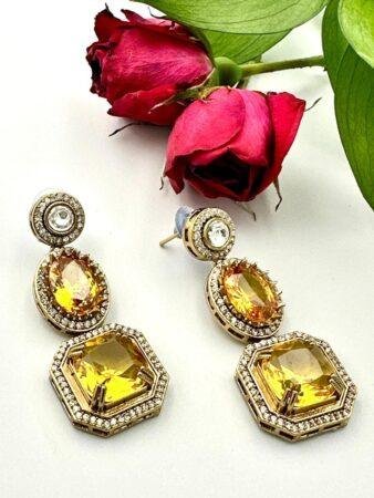 Vintage Bohemian Citrine Drop Earrings with Diamonds - Luxurious Gold Plated Jewelry