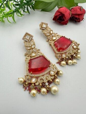 Exquisite Gold-Plated Ruby Red Kundan Earrings with Pearls - Traditional Indian Jewelry