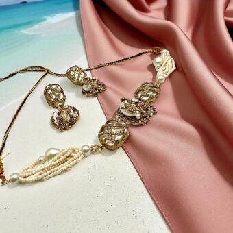 Bollywood ethnic Indian designer choker set antique gold finish mother of pearl