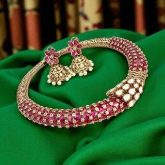 Designer Choker in Semi-Precious Rubies and Monzonite Stones - Luxurious Gold-Plated Jewelry