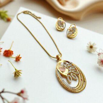 Elegant Gold-Plated Pendant Necklace and Earring Set with Diamonds and Pink Stone